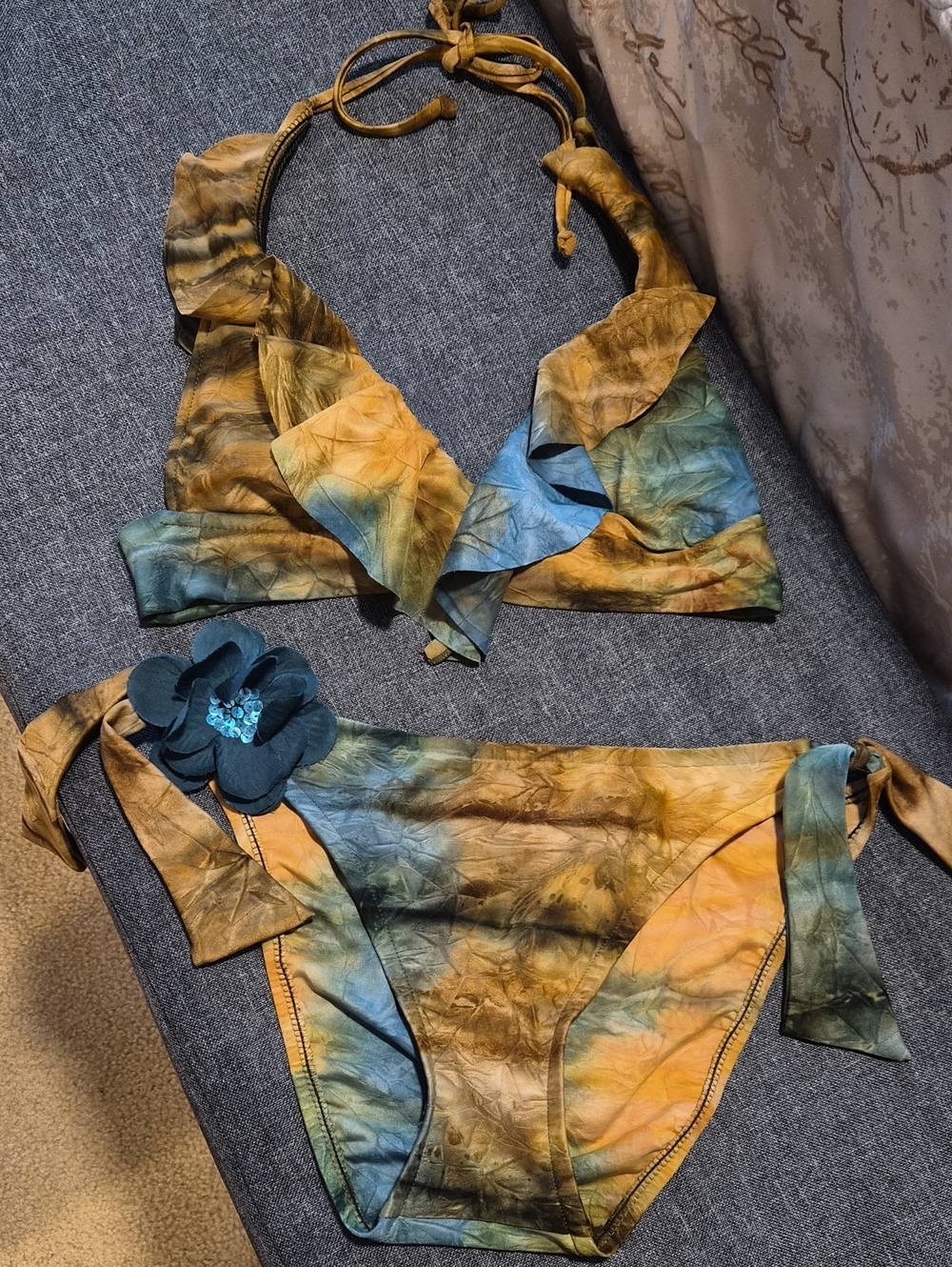 Lucky Brand Tie-Dye Halter Bikini in Yellow, Blue, Green